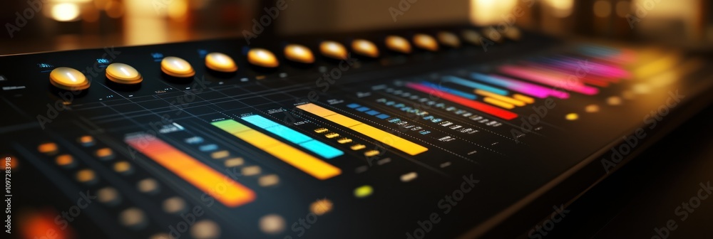 Aufkleber Close-up of an audio mixing console with colorful faders and knobs.