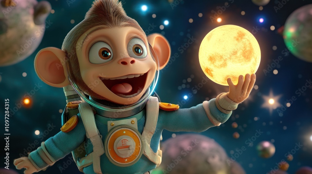 Aufkleber a happy monkey astronaut reaches out to a large moon in space.