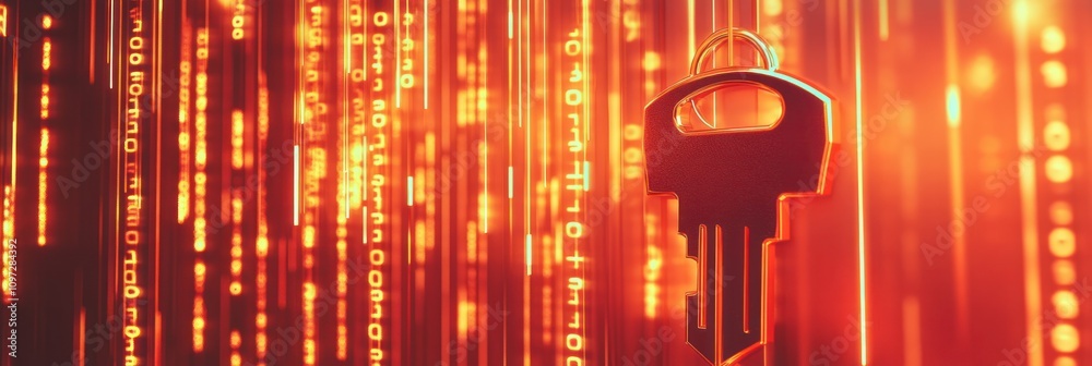 Poster A shiny golden key in front of a background of vertical lines of orange binary code.