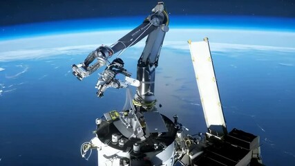Robotic arm in space, manipulating equipment above Earth?s atmosphere.