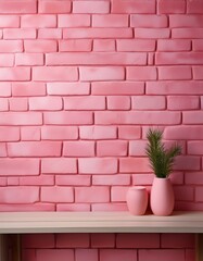 Pink brick wall background with pastel pink vases and greenery.
