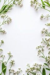 White flowers frame on white background, copy space.