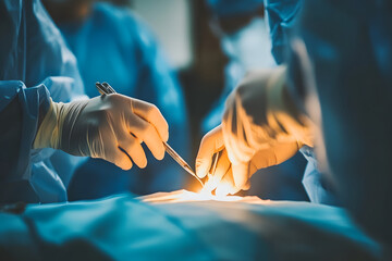 Surgical hands in blue scrubs performing an operation with careful precision in a sterile environment