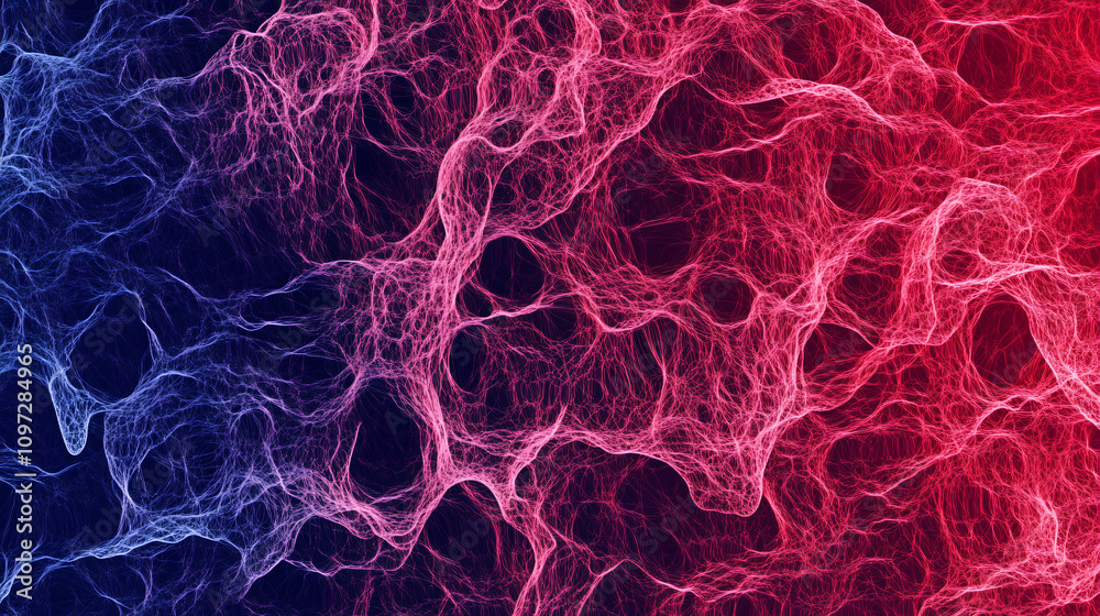 Fototapete Intricate fibers intertwine, forming a mesmerizing abstract background with dynamic patterns and a captivating blue and red gradient