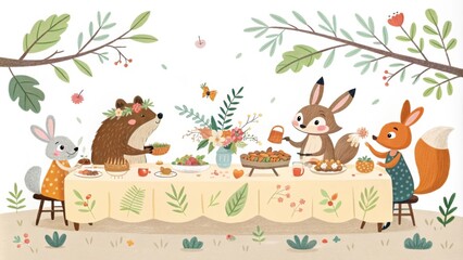 Obraz premium A long table decorated with natureinspired decor where attendees dressed as woodland creatures share delicious treats while engaging in animated conversation.