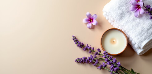 Spa essentials with lavender and candle on beige background
