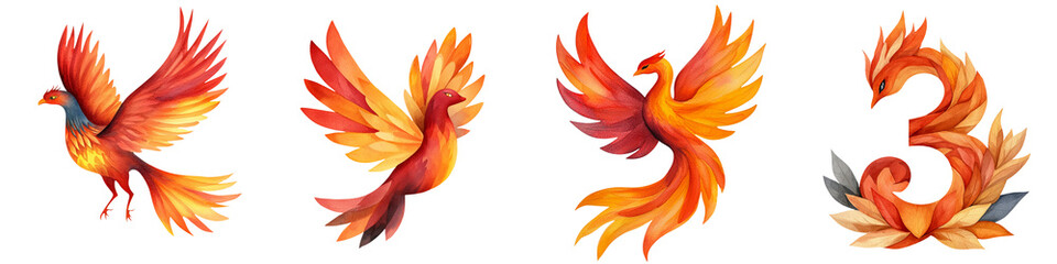 Fototapeta premium freedom harmony watercolor concept, Vibrant phoenix illustrations showcasing different poses, each adorned with fiery colors and elegant feathers.
