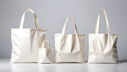 set of White Cotton eco bags in different size, tote bag mock up Each one has a blank space, isolated on a white background, front view