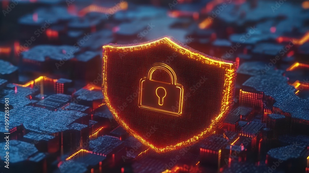 Aufkleber glowing shield with padlock on digital background.