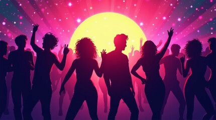 people dancing in the club retro silhouettes of people dancing at a crowded party style at midnight, colorful lights and smoke at background 