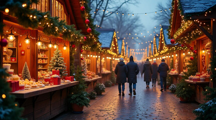 Obraz premium Christmas market in the city at night festive day ambiance cozy. Created with generative AI technology.