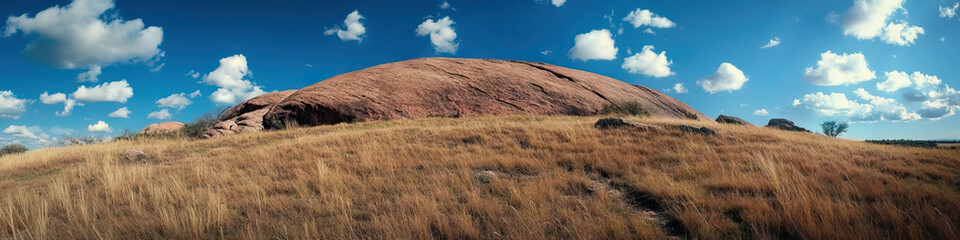 The massive pink granite dome of Enchanted Rock in the Hill Country, surrounded by native grasses.