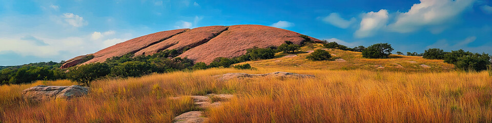 Obraz premium The massive pink granite dome of Enchanted Rock in the Hill Country, surrounded by native grasses.