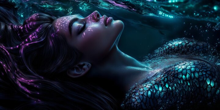 Captivating Mermaid Enveloped in Ethereal Underwater Glow with Bioluminescent Patterns