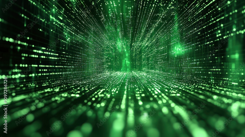 Poster abstract green digital tunnel with glowing particles.