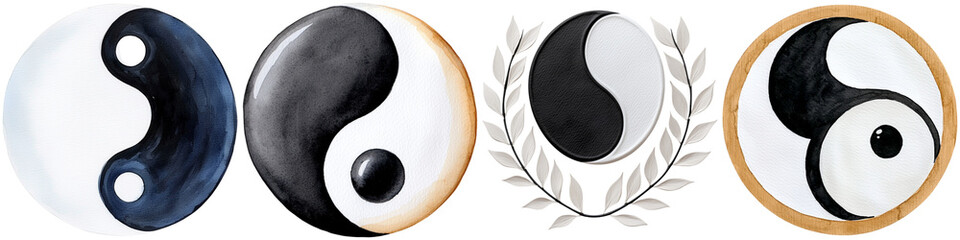 freedom harmony watercolor concept, A collection of yin-yang symbols showcasing variations in design, color, and style, emphasizing balance and harmony.