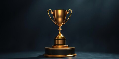 A gleaming golden trophy on a pedestal with a dark and moody background, high-end collection, formal event, awards ceremony