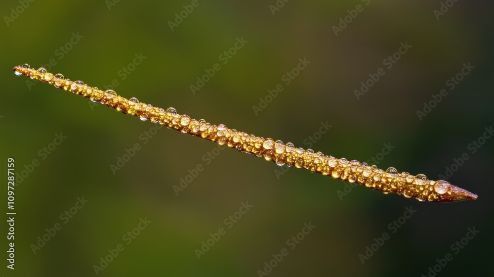 Poster a close-up of a slender object covered in droplets, showcasing intricate details.