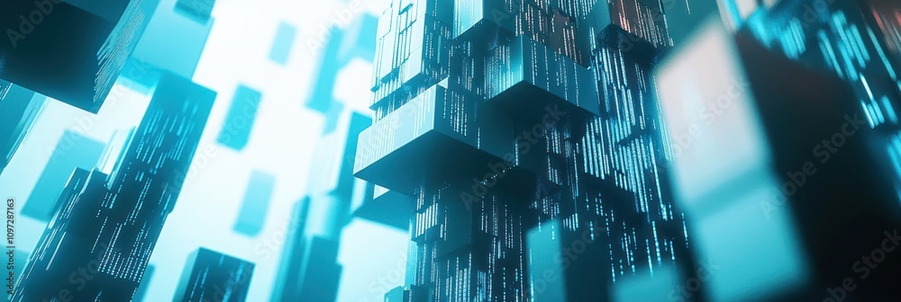 Poster abstract digital landscape with towering geometric structures and glowing elements.
