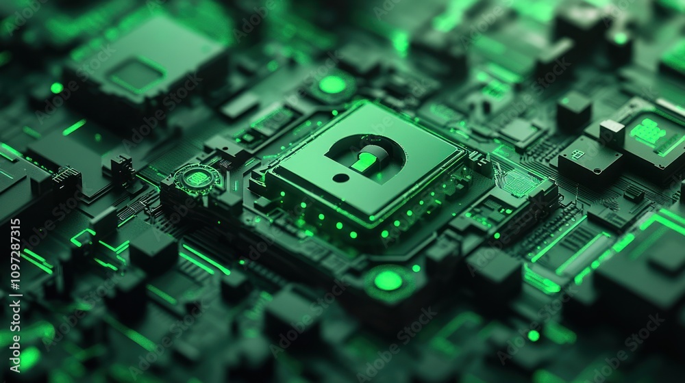 Poster a close-up of a circuit board featuring a security lock symbol, emphasizing technology and protectio