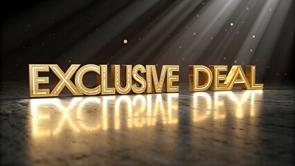 Golden 3D text 'Exclusive Deal' illuminated under spotlight evokes a luxurious and enticing promotion atmosphere.