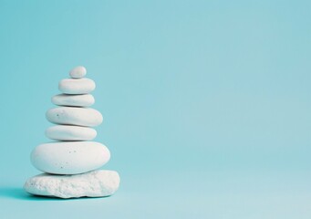 A balanced stack of smooth white stones against a soft blue background, symbolizing tranquility and mindfulness in a minimalistic design.