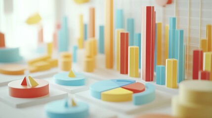 Colorful 3D charts and graphs representing data visualization and analysis.