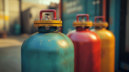 Close-up of colorful gas cylinders storing compressed industrial gases, emphasizing safety and industrial processes