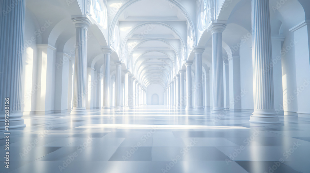 Poster sunlight filters through arched windows, casting stunning light and shadow play on the polished floo