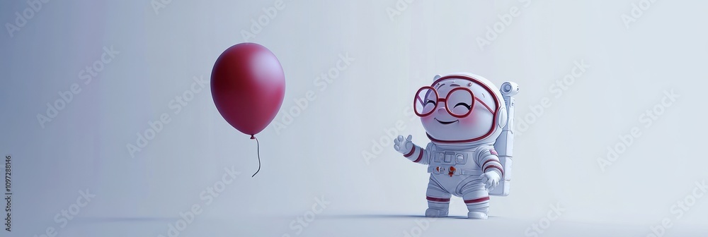 Aufkleber a cute astronaut character interacts with a red balloon in a minimalist setting.