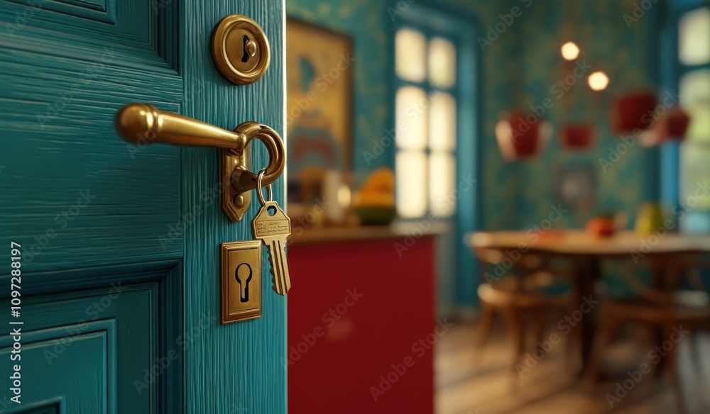 Poster a close-up of a colorful door with keys, suggesting entry and exploration in a vibrant space.