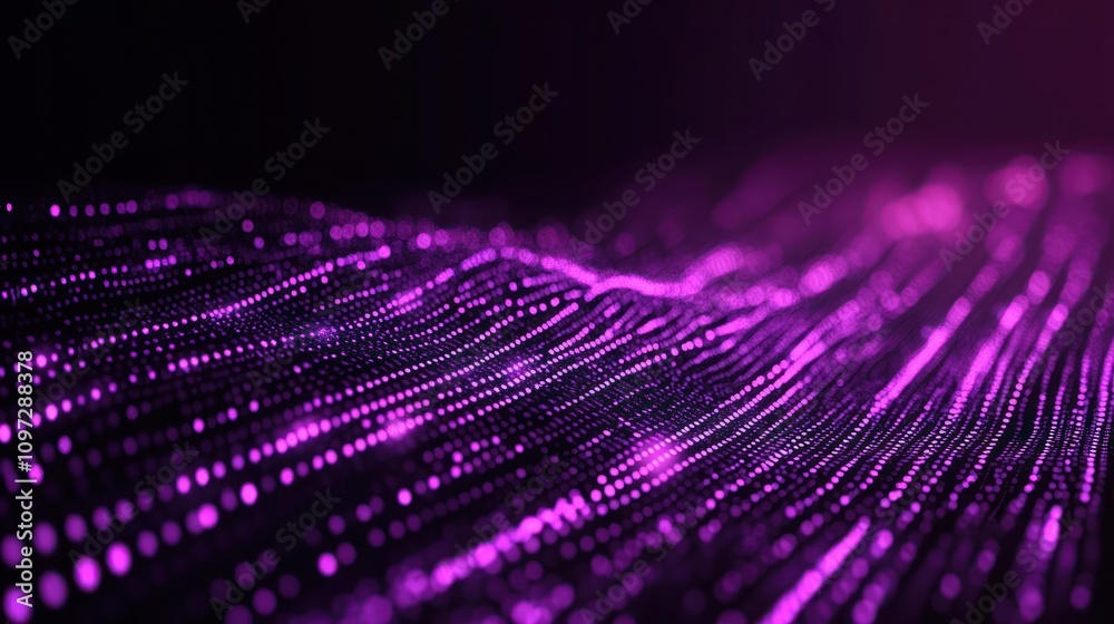 Poster Abstract visualization of flowing purple particles resembling digital waves.