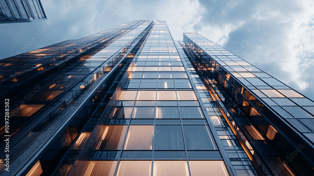 Poster glass facade of a modern skyscraper reflecting the cloudy sky at dusk, creating a stunning architect