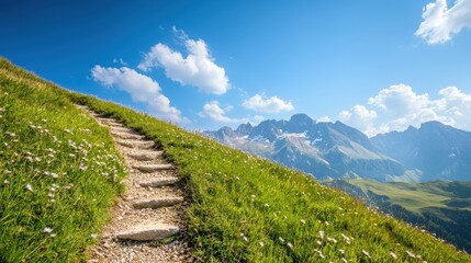 A steep, rocky hiking trail winding its way up a mountainside, offering breathtaking views of the surrounding peaks and valleys below.