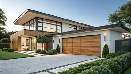 at morning garden Contemporary modern home front yard showcasing grass lawn and focus on garage turf with timber, perfect for residential building landscapes