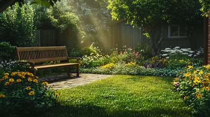 Fototapeta premium Serene garden bathed in sunlight, with vibrant flowers, greenery, and a wooden bench