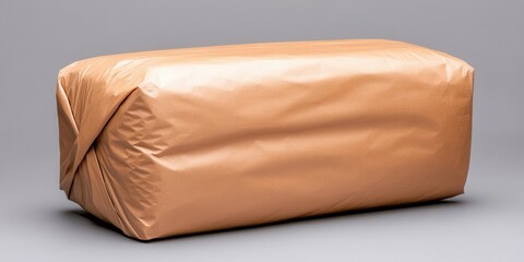 Large brown wrapped package on plain background