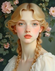 Delikatny portret kobiety otoczonej pastelowymi kwiatami