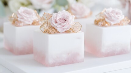 Elegant pink and white rose dessert squares for luxurious weddings and events