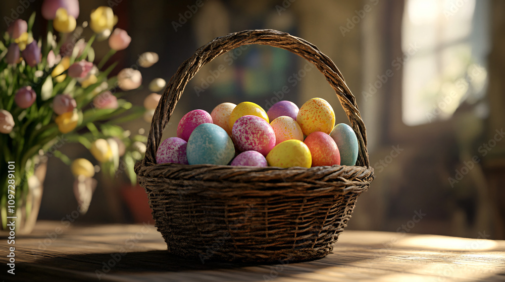 Poster easter eggs in a wicker basket on a wooden table with tulips in the background, marking the arrival 