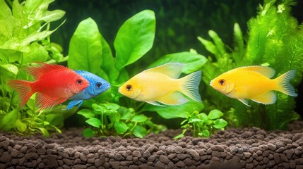 Colorful fish in a vibrant aquatic aquarium with lush green plants