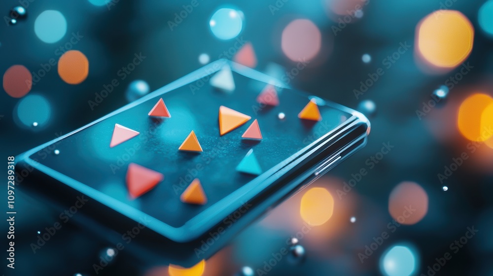 Poster a close up of a smartphone screen displaying a sleek user interface with triangular icons and minima