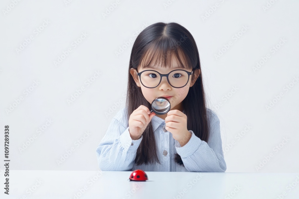 Poster a child examines a ladybug with a magnifying glass, showcasing curiosity and exploration.