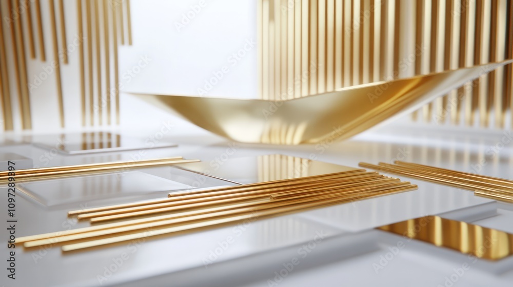 Aufkleber a modern, abstract composition featuring golden shapes and lines on a sleek surface.