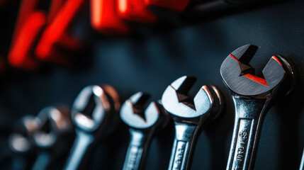 Fototapeta premium Equipment workshop background concept. A close-up of shiny metal wrenches arranged neatly, showcasing their craftsmanship against a blurred background of red tools.