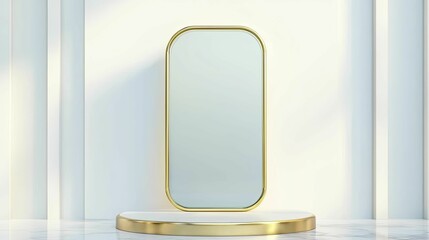 Elegant financial display for money cash flow statement in sleek glass and gold podium, front view focus, with minimalistic white backdrop highlighting clarity.
