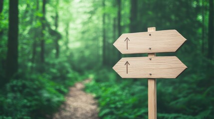 A directional signpost in a forest, with triangular arrows pointing towards different trails and destinations.