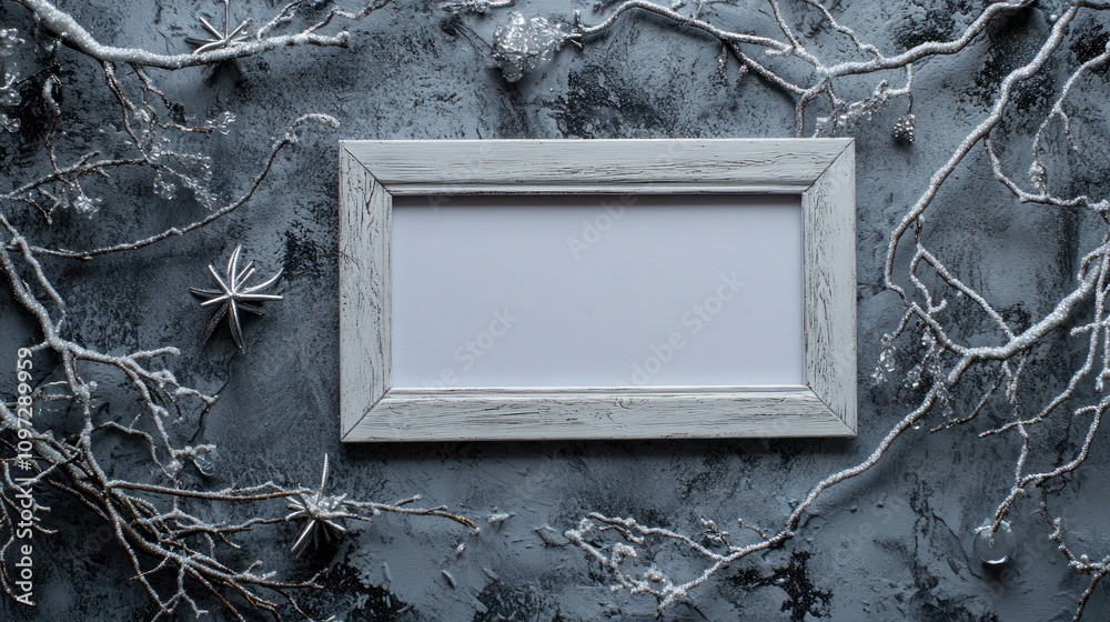 Poster a blank white frame on a textured gray background with decorative branches and stars.
