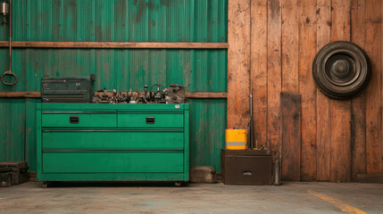 Equipment workshop background concept. A rustic workshop featuring a green toolbox against a wooden wall, showcasing tools and a vintage vibe.