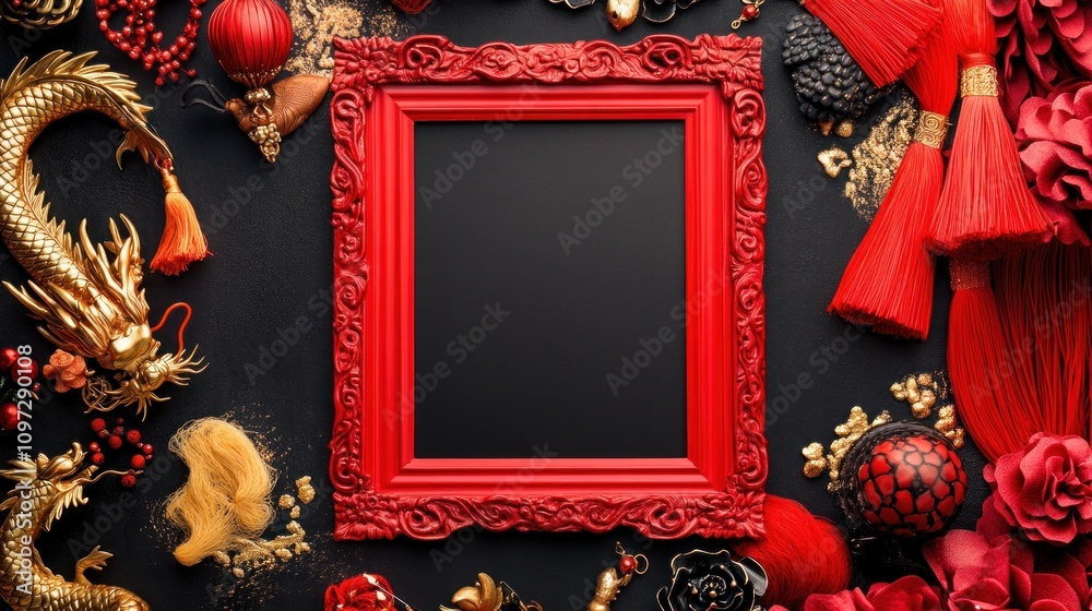 Poster A vibrant red frame surrounded by decorative elements for a festive display.
